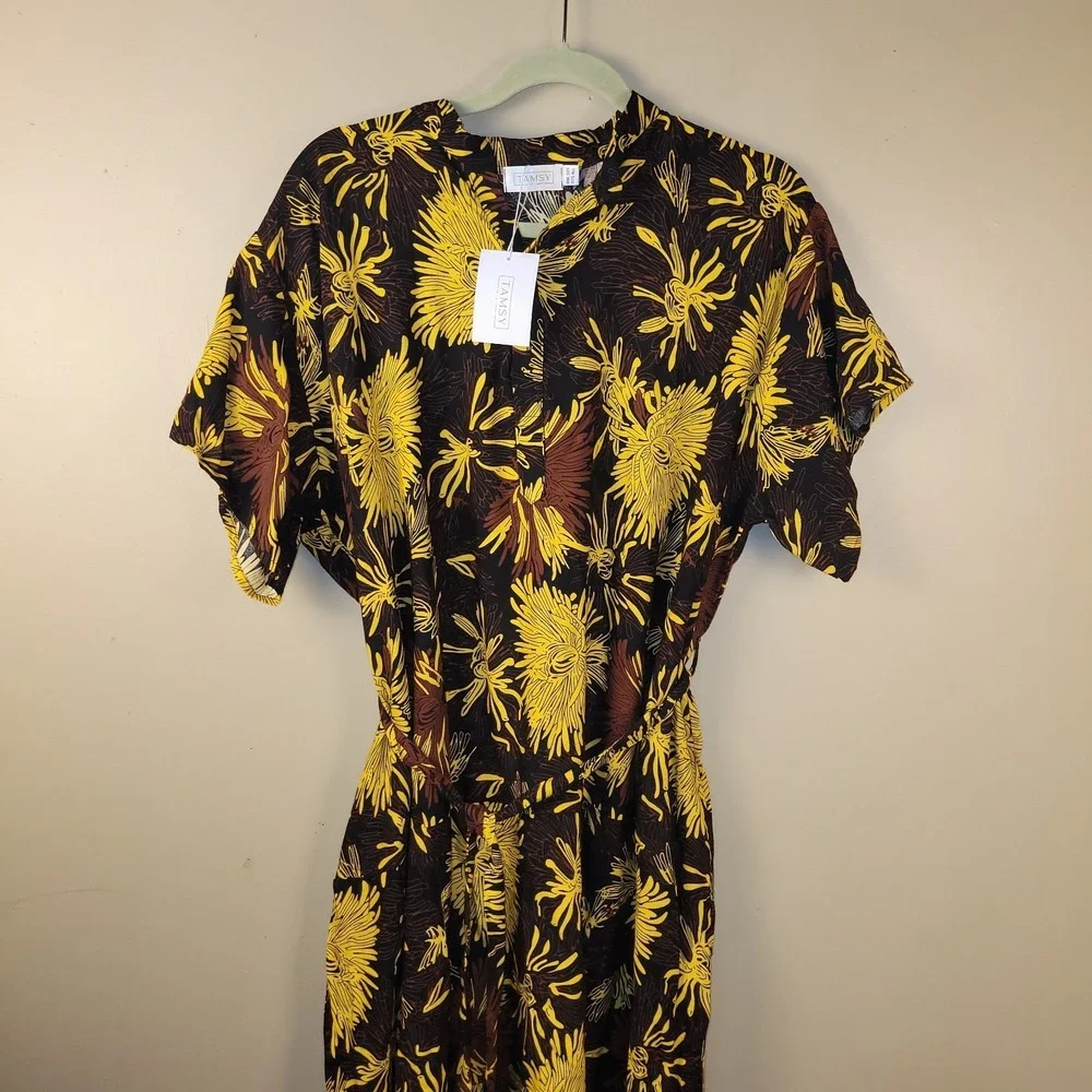 TAMSY Floral Midi Dress One Size Black Yellow‎ Brown Boho Tie Waist NWT
